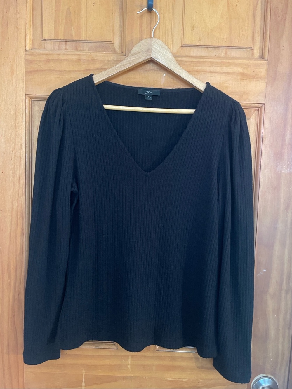 J. Crew Black Ribbed V-Neck Long Sleeve Stretchy Top L